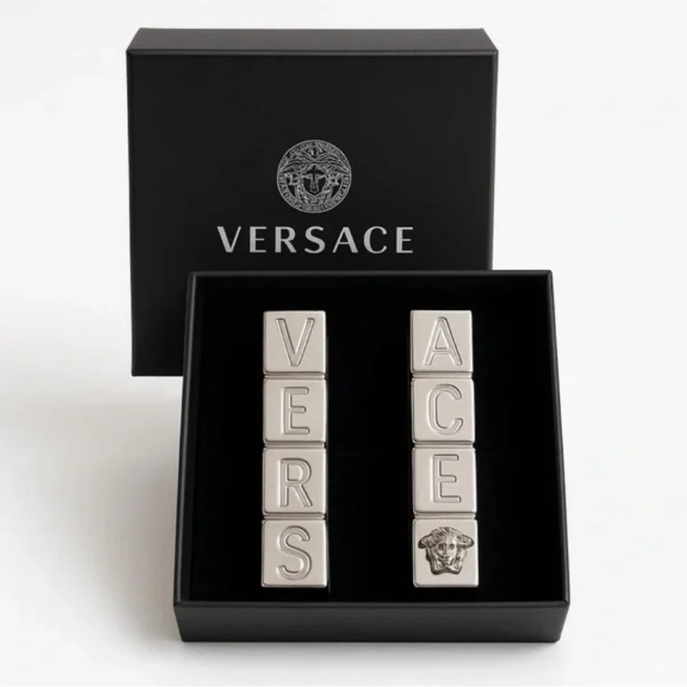 Versace x Dua Lipa Logo Letter Drop Earrings Silver Blocks Medusa NIB $925retail - Picture 1 of 8